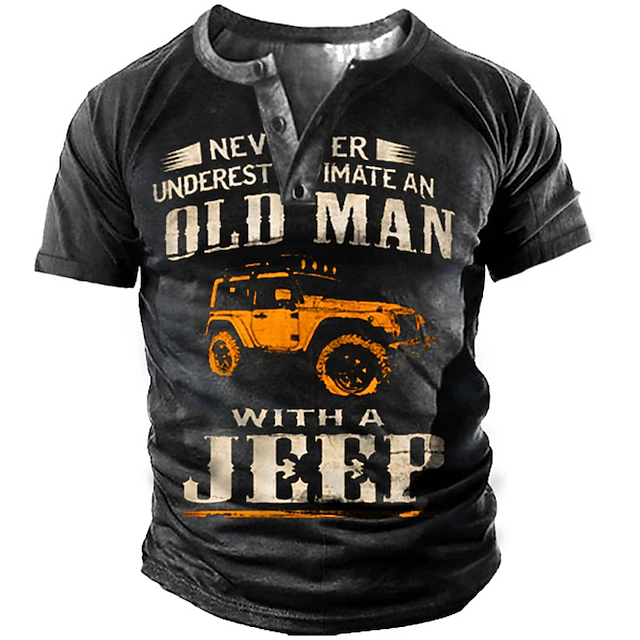 Men's Never Underestimate Old Man Jeep Short Sleeve Graphic Henley T-Shirt4