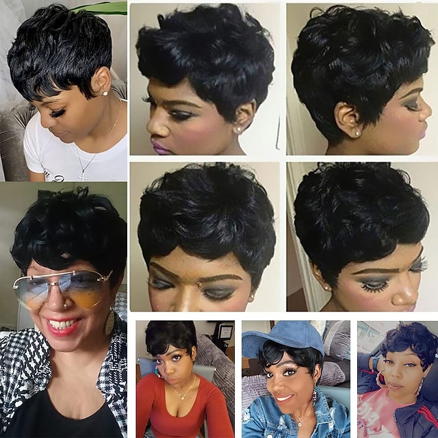 Beauty & Hair Wigs & Hair Pieces | Synthetic Wig Curly Pixie Cut Machine Made Wig Short Natural Black #1B Synthetic Hair Womens 