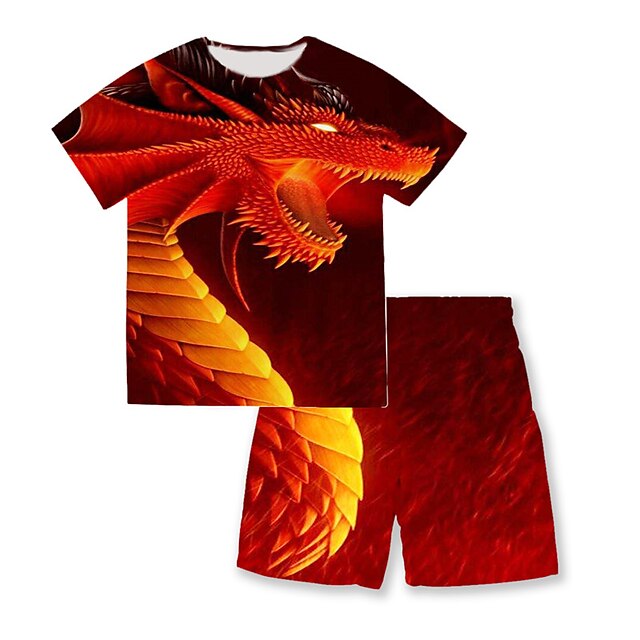 Baby & Kids Boys Clothing | Kids Boys T-shirt & Shorts Clothing Set 2 Pieces Short Sleeve Red Dragon Animal Print Street Sports 