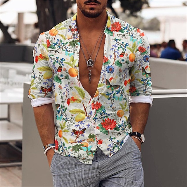  Men's Shirt Floral Turndown Casual Vacation Button-Down Print Long Sleeve Tops Designer Casual Fashion Comfortable Black / White White Yellow