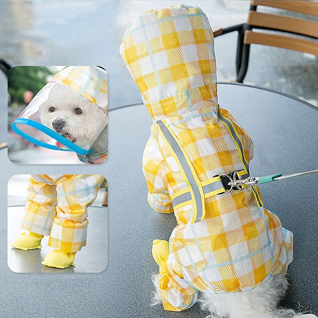  Capa de chuva de cachorro de estimação bonito, capa de chuva cobertura de corpo inteiro com chapéu, faixa de luz noturna reflexiva, jaqueta de chuva impermeável de camada dupla, capa com capuz de