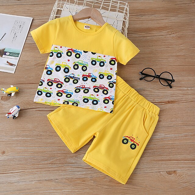 Baby & Kids Boys Clothing | Kids Boys T-shirt & Shorts 2 Pieces Short Sleeve Yellow Car Loose Print Vacation Casual Daily Short 