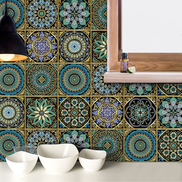  Adesivos de azulejos à prova de óleo e à prova d'água de cozinha filme de cristal bronze mandala padrão renovação de azulejos adesivos de parede espessados