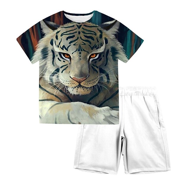 Baby & Kids Boys Clothing | Kids Boys T-shirt & Shorts Clothing Set 2 Pieces Short Sleeve Blue Tiger Animal Print Street Sports 