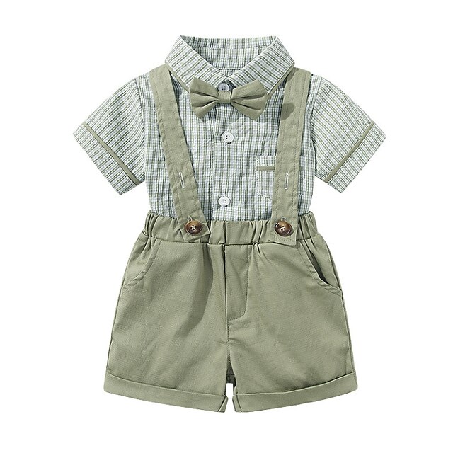 Baby & Kids Boys Clothing | Kids Boys Shirt & Shorts Clothing Set 2 Pieces Short Sleeve Light Green Plaid Bow Street Outdoor Gen