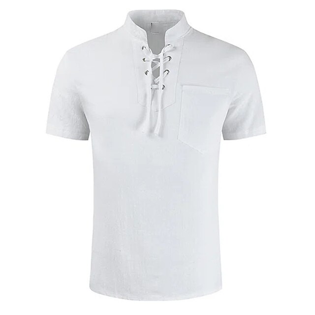 Mens Clothing Mens Shirts | Mens Shirt Solid Color Stand Collar Street Casual Drawstring Short Sleeve Tops Casual Fashion Breath