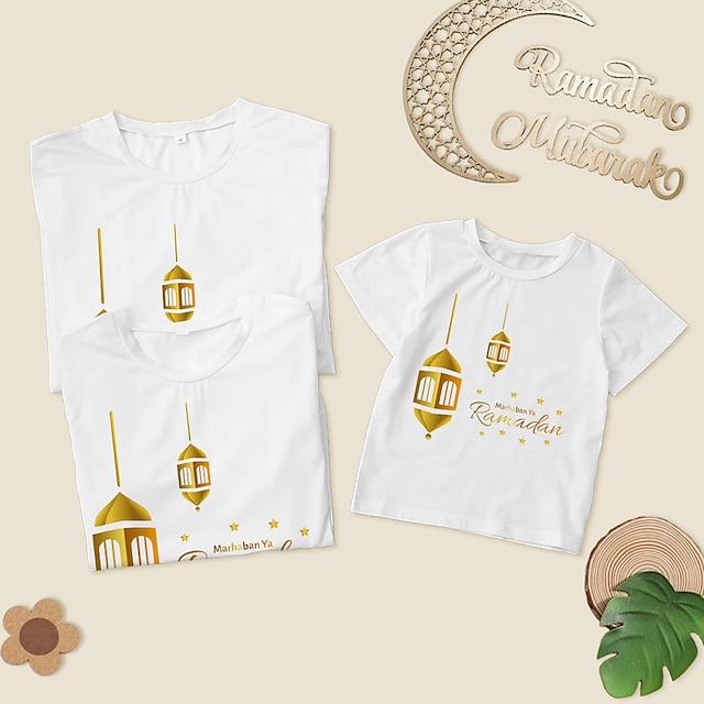 Baby & Kids Matching Outfits | Family Look Ramadan T shirt Tops Star Letter Causal Print White Short Sleeve Casual Matching Outf