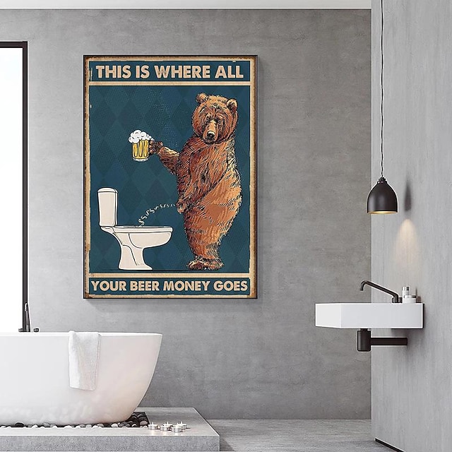 Luose Peinture Sur Toile Ours Grincheux Buvant De La Bière à La Salle De Bain Affiches D'art Mural Abstrait Photos Pour Salle De Bain WC Décoration D'intérieur (couleur : A, Taille