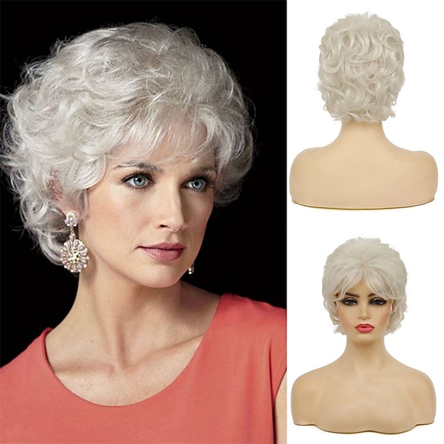 perucas cinzentas encaracoladas curtas para mulheres em camadas peruca de cabelo sintético macio resistente ao calor cosplay de halloween