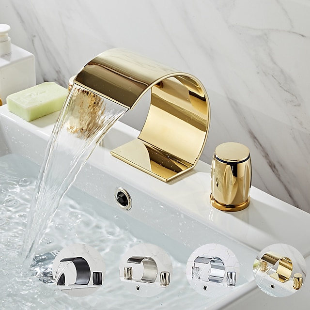  Widespread Bathroom Sink Mixer Faucet, Waterfall Arc Spout Brass 3 Hole 2 Handle Basin Tap Deck Mounted, Washroom Basin Vessel Water Tap with Hot and Cold Hose