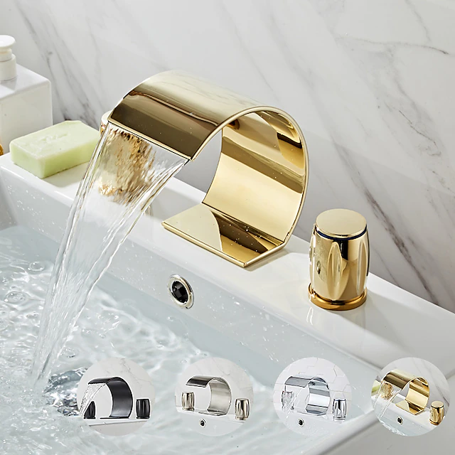 Widespread Bathroom Sink Mixer Faucet, Waterfall Arc Spout Brass 3 Hole 2 Handle Basin Tap Deck Mounted, Washroom Basin Vessel Water Tap with Hot and Cold Hose 15