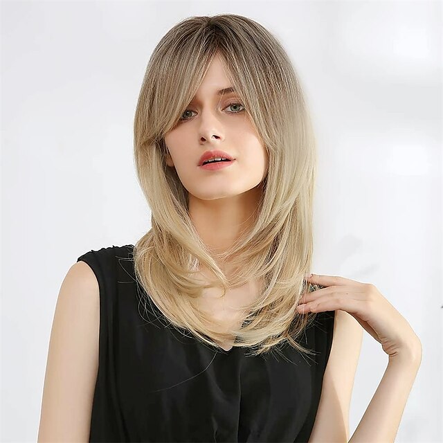 Beauty & Hair Wigs & Hair Pieces | Blonde Wigs for WomenOmbre Blonde Wig with Bangs Shoulder-Length Natural Layered Heat Resista