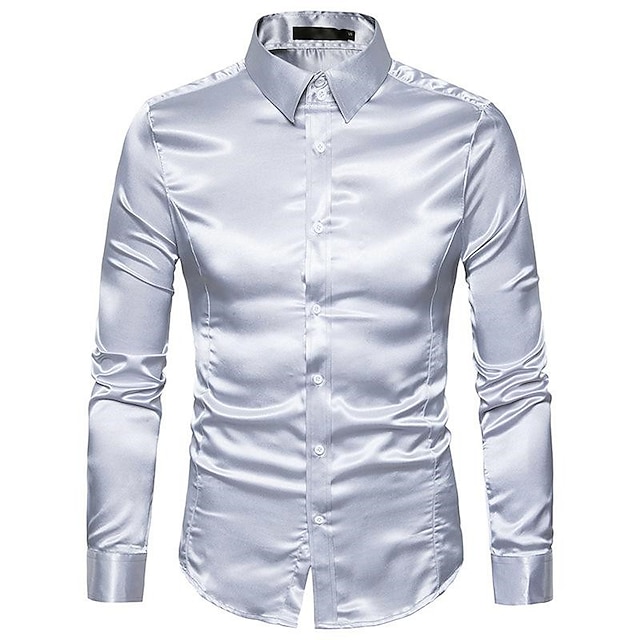 Mens Clothing Mens Shirts | Mens Satin Luxury Dress Shirts Long Sleeve Smooth Wrinkle Free Tuxedo Shirt Wedding Party Dance Prom