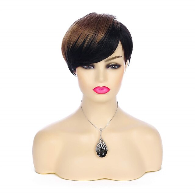 Beauty & Hair Wigs & Hair Pieces | Pixie Cut Wigs Women Short Pixie Cut Black Wig with Blonde Bangs Synthetic Synthetic Natural 