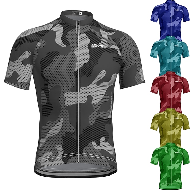  21Grams Men's Cycling Jersey Short Sleeve Bike Top with 3 Rear Pockets Mountain Bike MTB Road Bike Cycling Breathable Quick Dry Moisture Wicking Reflective Strips Green Yellow Grey Camo / Camouflage