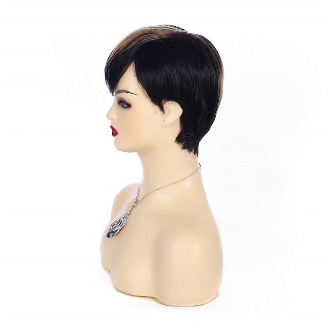 Beauty & Hair Wigs & Hair Pieces | Pixie Cut Wigs Women Short Pixie Cut Black Wig with Blonde Bangs Synthetic Synthetic Natural 