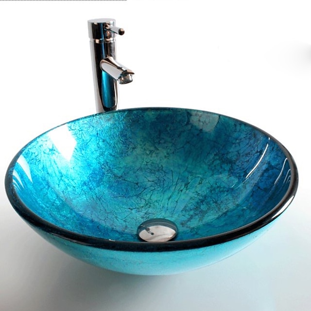  Round Artistic Vanity Basin Sink Bathroom Vessel Tempered Glass Bowl 16.5 inch, Art Wash Basin Mixer Faucet Set with Pop-up Drain, Boat Shape Countertop Above Counter Washroom