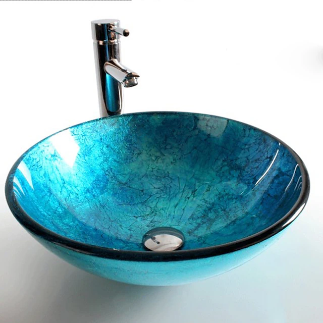 Round Artistic Vanity Basin Sink Bathroom Vessel Tempered Glass Bowl 16.5 inch, Art Wash Basin Mixer Faucet Set with Pop-up Drain, Boat Shape Countertop Above Counter Washroom 17