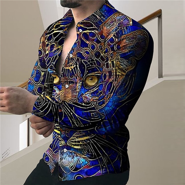  Men's Shirt Graphic Shirt Animal Tiger Turndown Blue Outdoor Street Long Sleeve Button-Down Print Clothing Apparel Fashion Designer Casual Breathable