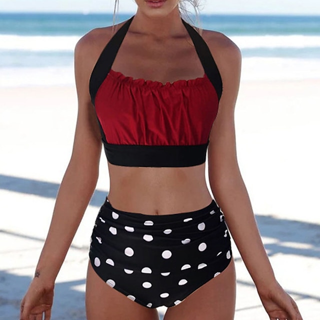 Womens Clothing Womens Swimwear | Womens Swimwear Bikini 2 Piece Normal Swimsuit Backless Printing High Waisted Hole Polka Dot S