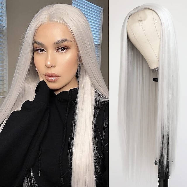  peluca blanca platino pelo largo y liso peluca rubia platino fibra resistente al calor peluca sintética sin cordones para mujeres de moda pelucas de fiesta de navidad