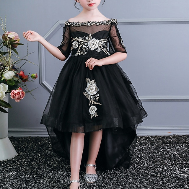  Kids Little Girls' Dress Floral A Line Dress Party Sequins Ruched Mesh White Black Red Asymmetrical Half Sleeve Princess Cute Dresses Spring Summer Regular Fit 2# 3-12 Years