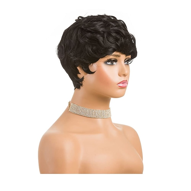 Beauty & Hair Wigs & Hair Pieces | Synthetic Wig Curly Pixie Cut Machine Made Wig Short Natural Black #1B Synthetic Hair Womens 