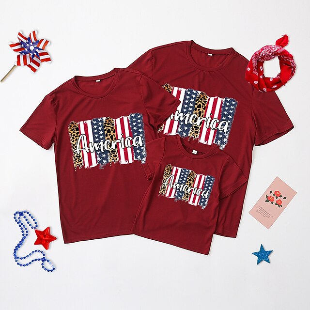 Baby & Kids Matching Outfits | Family Look American Independence Day T shirt Tops Leopard Star Letter Causal Print Red Short Sle