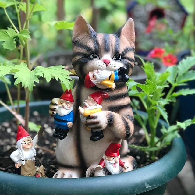 Mischievous Cat Garden Gnome Statue Figurine Best Art Dcor for Indoor