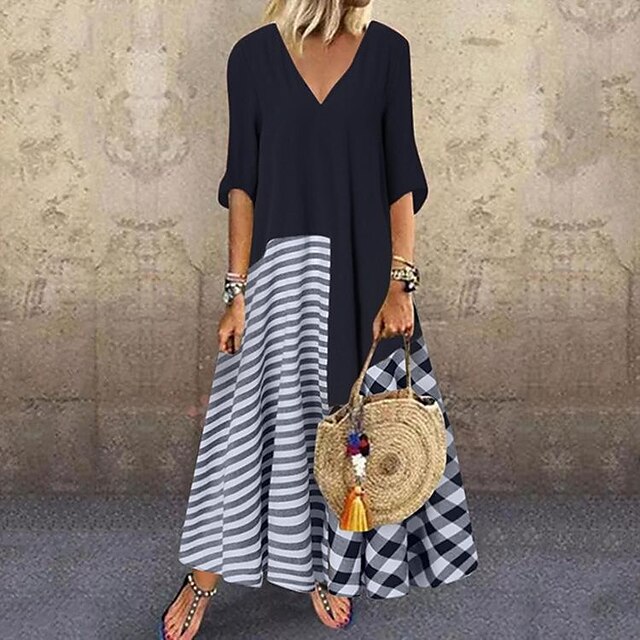 Womens Clothing Womens Dresses | Womens A Line Dress Maxi long Dress Black Red Brown Half Sleeve Striped Line Print Spring Summe