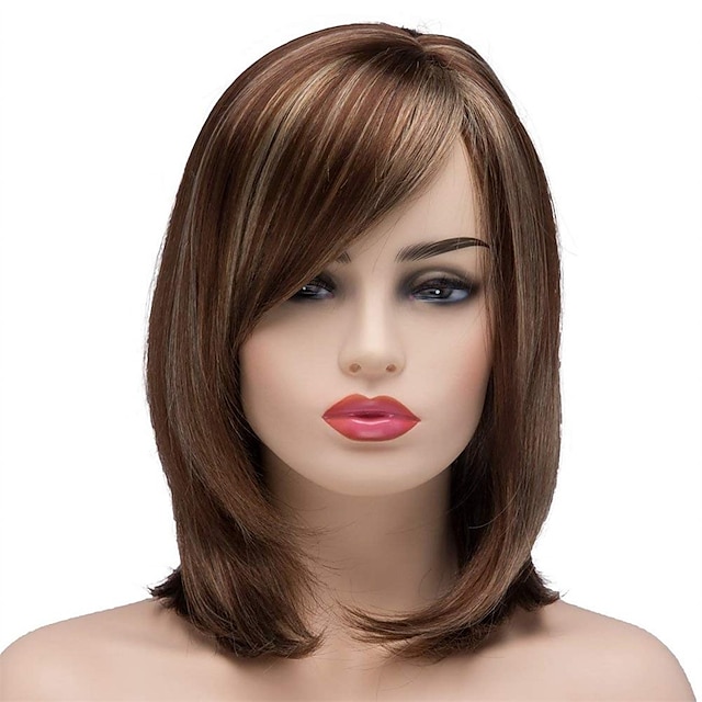  Brown Wigs for White Women Short Wavy Brown Mixed Blonde Bob Hair Wig with Bangs Natural Cute Synthetic Wigs for Daily Party with Wig Net DC016