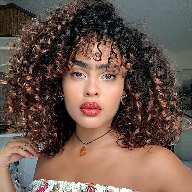  Black Women's Curly Hair Wig - Curly Afro Wig with Bangs 2 Shades Brown Mixed Black Synthetic Hair Afro Wig