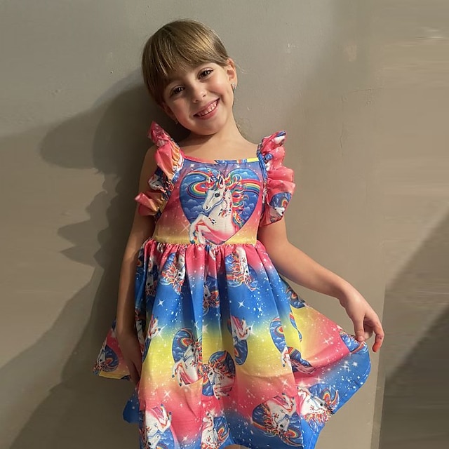  dětské dívčí duhové šaty jednorožec květinový patchwork párty ležérní dovolená plisovaný potisk duhové šaty bez rukávů ke kolenům dětský den léto regular fit 2-12 let