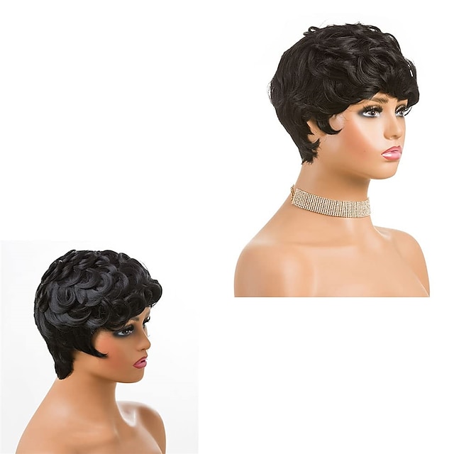 Beauty & Hair Wigs & Hair Pieces | Synthetic Wig Curly Pixie Cut Machine Made Wig Short Natural Black #1B Synthetic Hair Womens 