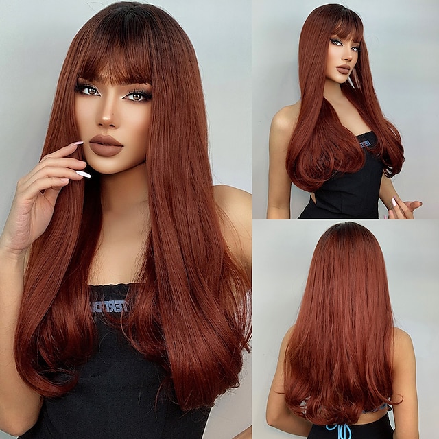  HAIRCUBE  Synthetic Brown Ombre Wine Everyday Wigs with Bangs Natural Wave Cosplay Wigs for White/Black Women Party Wear