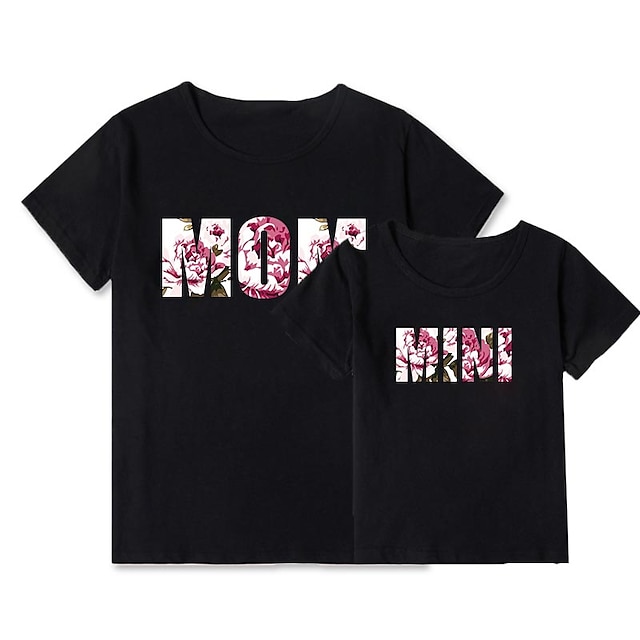 Baby & Kids Matching Outfits | Mommy and Me T shirt Tops Floral Letter Daily Print Black Gray Pink Short Sleeve Basic Matching O