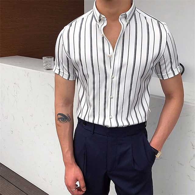 Mens Clothing Mens Shirts | Mens Shirt Striped Turndown Street Casual Button-Down Short Sleeve Tops Casual Fashion Breathable Co