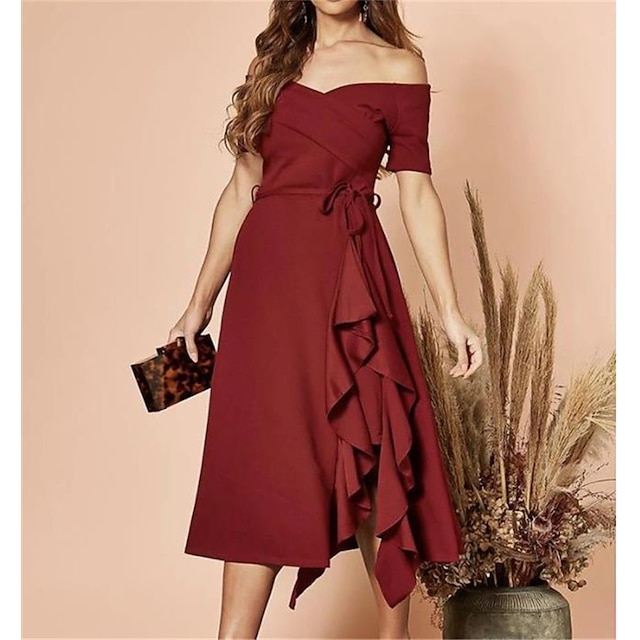 Womens Clothing Womens Dresses | Womens A Line Dress Midi Dress Blue Red Short Sleeve Pure Color Backless Ruffle Spring Summer O