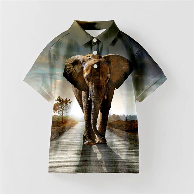 Baby & Kids Boys Clothing | Kids Boys Shirt Short Sleeve 3D Print Elephant Animal Button Gray Children Tops Spring Summer Active