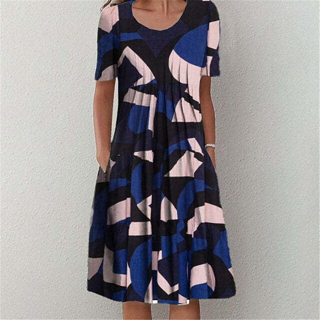 

Women's A Line Dress Knee Length Dress Blue White Short Sleeve Geometric Pocket Print Spring Summer Round Neck Casual Modern 2022 S M L XL XXL 3XL