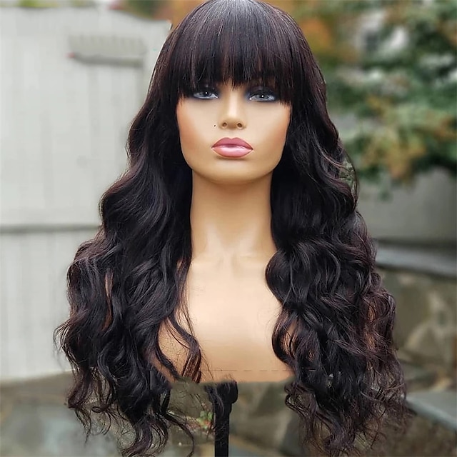  Remy Human Hair Wig Wavy With Bangs Natural Black Capless Brazilian Hair Women's Natural Black #1B 10 inch 12 inch 14 inch Party / Evening Daily Wear Vacation