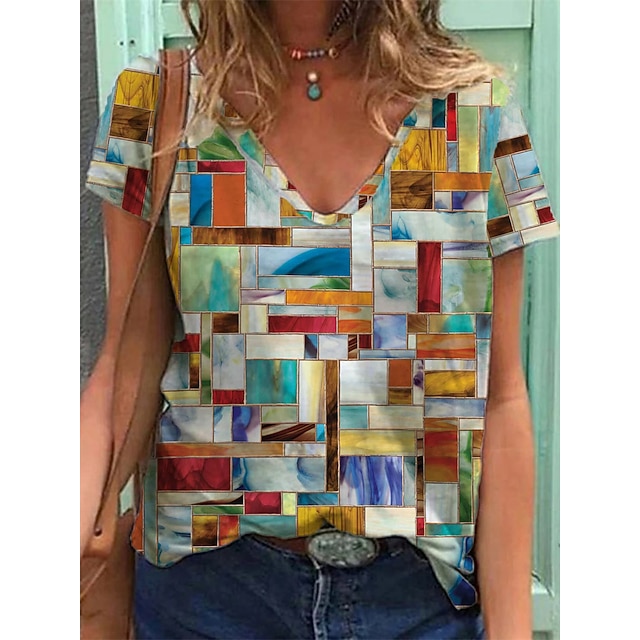 

Women's T shirt Plaid Geometric V Neck Basic Tops Rainbow / 3D Print