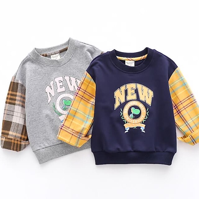 Baby & Kids Boys Clothing | Kids Boys Sweatshirt Long Sleeve Dragon Plaid Letter Gray Navy Blue Children Tops Fall Winter Active