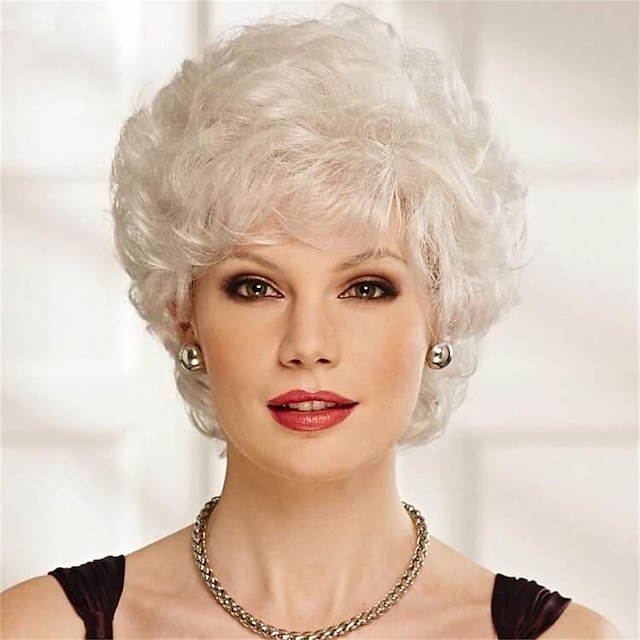  Perruques courtes bouclées argentées pour femmes blanches cheveux synthétiques naturels résistants à la chaleur vieilles dames cosplay quotidien perruques complètes