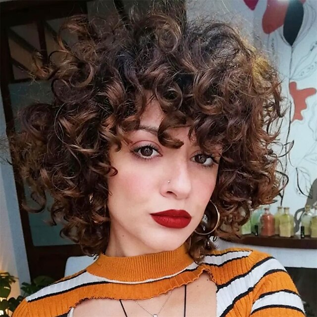 Short Curly Wigs for Black Women Soft Black Big Curly Wig with Bangs ...