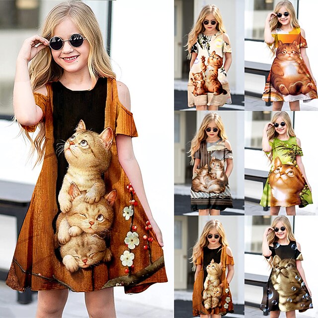 Girls' 3D Animal Cat Dress Short Sleeve 3D Print Summer Spring Vacation Daily Holiday Cute Casual Sweet Kids 3-12 Years A Line Dress Above Knee Regular Fit 12