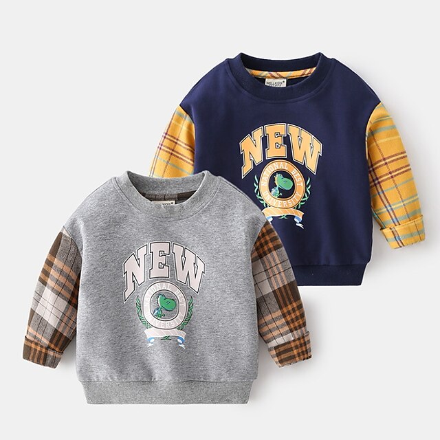 Baby & Kids Boys Clothing | Kids Boys Sweatshirt Long Sleeve Dragon Plaid Letter Gray Navy Blue Children Tops Fall Winter Active