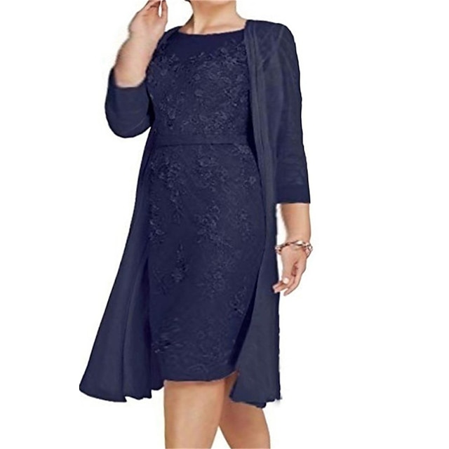 Womens Clothing Plus Size Collection | Womens Plus Size Sheath Dress Solid Color Round Neck Lace 3/4 Length Sleeve Spring Summer