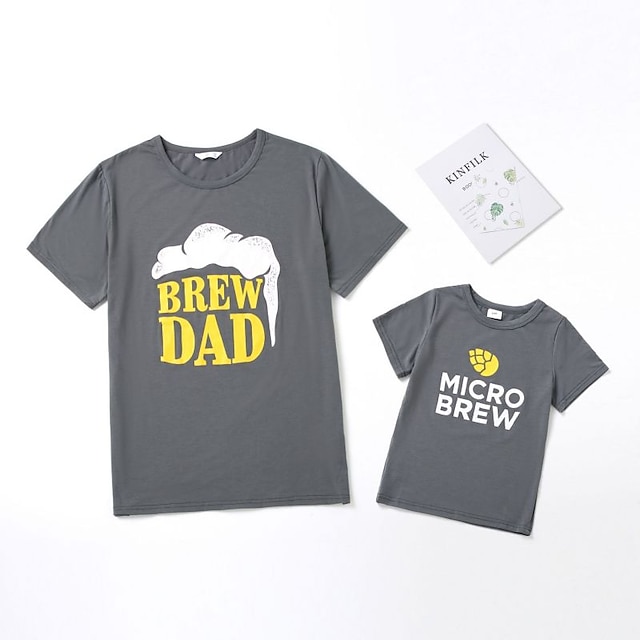 Baby & Kids Matching Outfits | Dad and Son T shirt Letter Daily Print Gray Short Sleeve Active Matching Outfits - VF32953