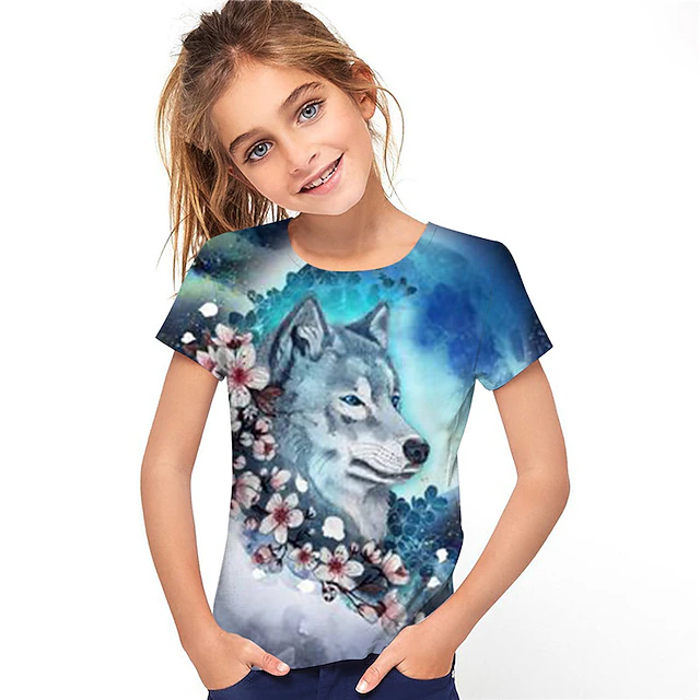 Girls' 3D Floral Animal Wolf T shirt Short Sleeve 3D Print Summer Spring Active Fashion Cute Kids 3-12 Years Outdoor Daily Regular Fit 12